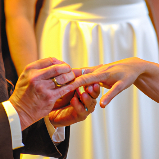 זוג מחליף טבעות נישואין חרוטות במהלך הטקס, המסמלות את אהבתם הנצחית