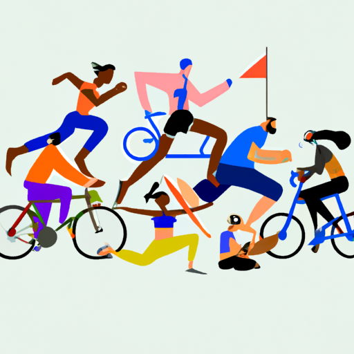 קבוצה של אנשים מגוונים העוסקים בפעילויות גופניות שונות, כגון ריצה, רכיבה על אופניים ויוגה.