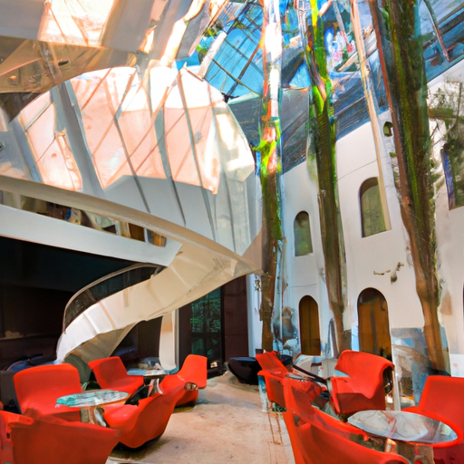 נוף פנורמי של הלובי המעוצב אומנותית של מלון ממילא, המלא באמנות ישראלית עכשווית.