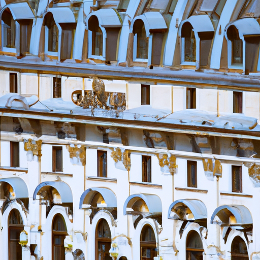 נוף חיצוני מפואר של מלון חמישה כוכבים בבוקרשט, המציג את הארכיטקטורה המלכותית שלו.