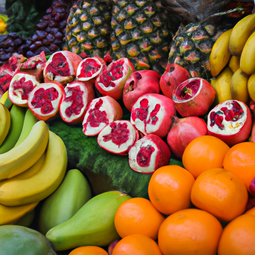 תמונה תוססת של פירות מתוצרת מקומית בשוק ירושלמי, מוכנים להכנת מיץ טרי.